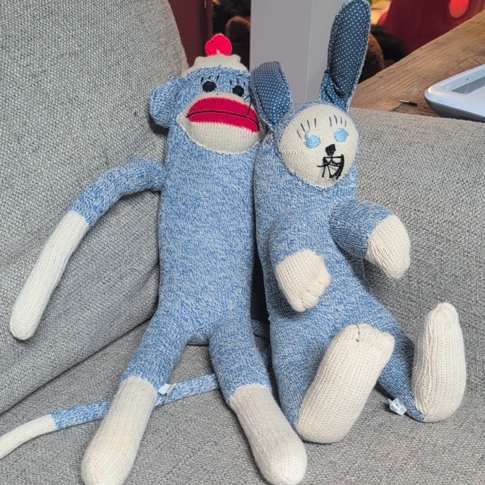 Blue and Cream Sock Monkey and Bunny Plush Set